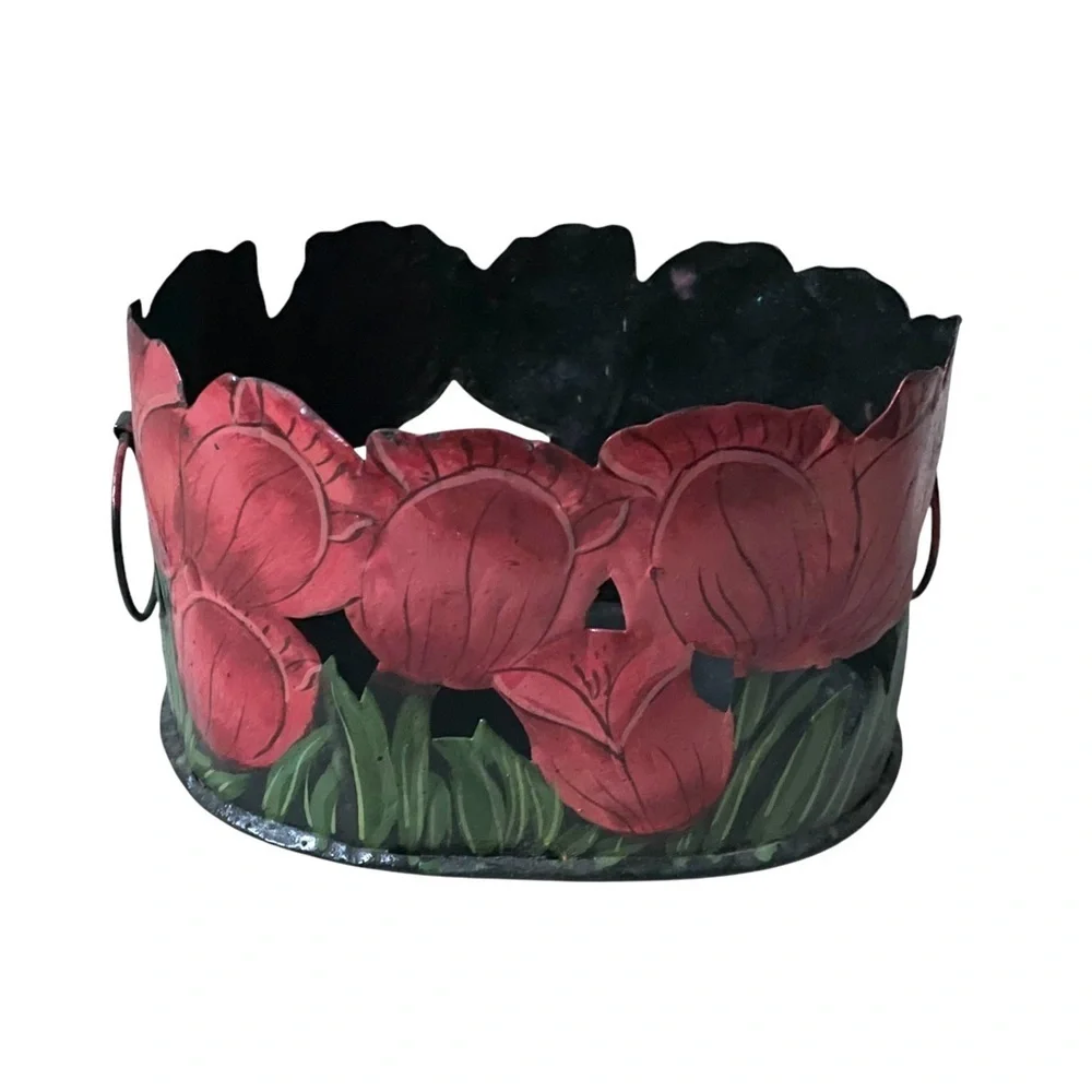 Vintage Boho Cutout Tole Metal Painted Tulips Planter Basket